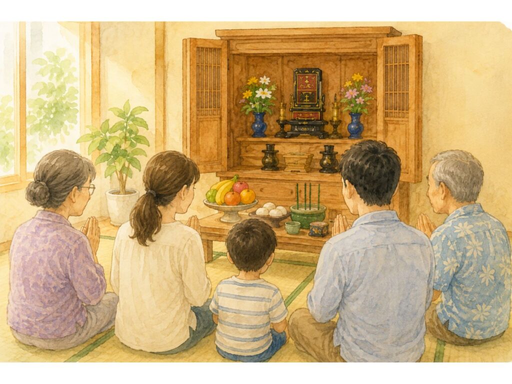 四十九日に家族で仏壇に手をあわせている