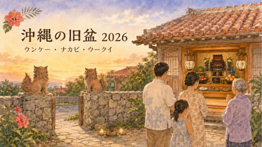 夕方の沖縄の家で旧盆のウンケーを行い、家族が仏壇に向かって手を合わせている様子