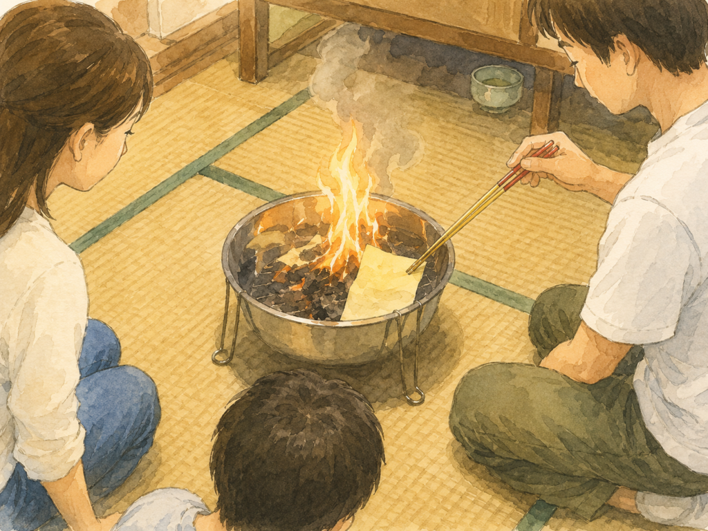 四十九日に家族でウチカビを燃やしている