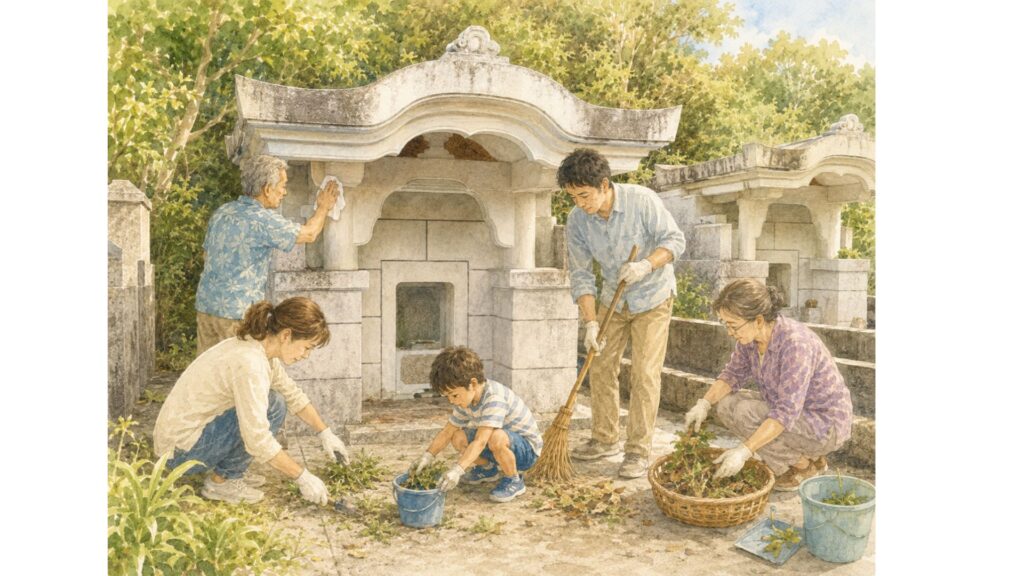 沖縄の旧盆準備として、七夕に家族でお墓の草取りや掃除をしている様子