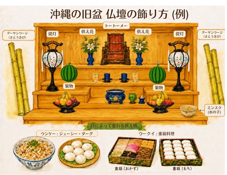 沖縄の旧盆で仏壇に供えるものと飾り方の例を示した図解