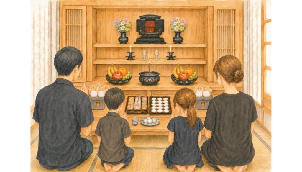 沖縄の百か日に仏壇の前で供え物をし、家族が手を合わせる様子